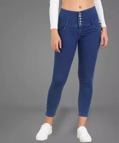 Navy,Blue5-Button Girl,s stylish Skinny Fited High Rise Stretchable Silky Jeans