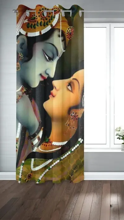 HHF DECOR Polyester 3D God Radha Krishna Printed 4 x 5 Feet Window Curtain Pack of 1 Pecs for Temple Room Curtain