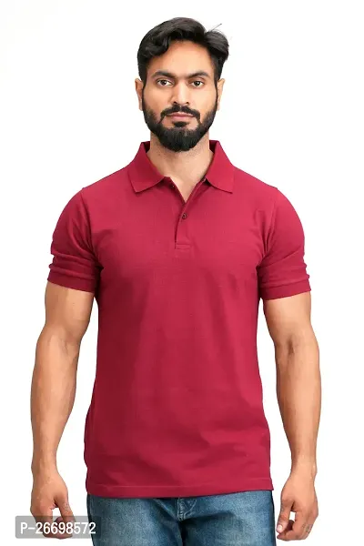 Reliable Red Cotton Blend Solid Polos For Men