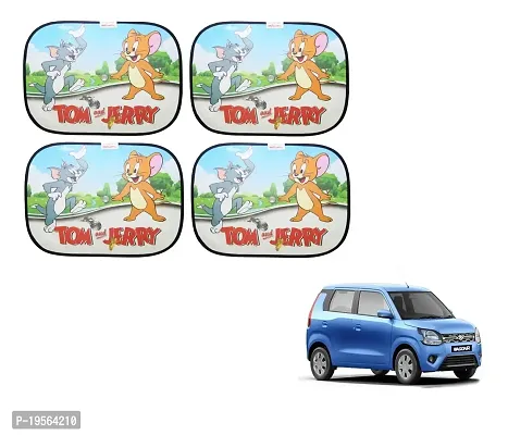 Auto Hub Maruti Suzuki WagonR 2019 Tom Jerry Cotton Fabric Car Window Sunshades with Vacuum Cups (Set of 4)