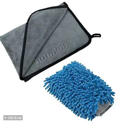 Auto Hub Microfiber Car Cleaning Cloth and Wash Mitt Kit - Includes Soft 600 GSM Microfiber Cloth for Car and Dual Sided Duster Microfiber Gloves Wash Mitt