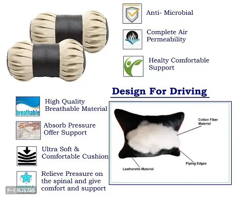 Auto Hub Faux Leather Neck Rest for Cars, Car Neck Support, Car Neck Rest Pillow - Pack of 2, (Dumbell Shape, Beige- Black)-thumb3