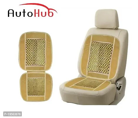 Auto Hub Velvet Car Seat Cover Cushion Pad Wooden Seat Beads Set - Beige-thumb2