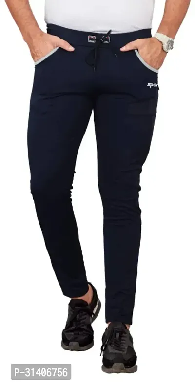 Elegant Navy Blue Cotton Blend Regular Track Pants For Men-thumb0