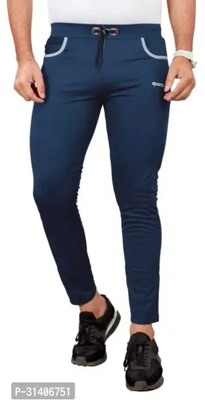 Elegant Navy Blue Cotton Blend Regular Track Pants For Men