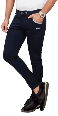 Elegant Navy Blue Cotton Blend Regular Track Pants For Men-thumb1