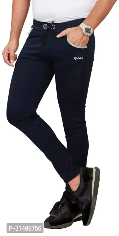 Elegant Navy Blue Cotton Blend Regular Track Pants For Men-thumb2