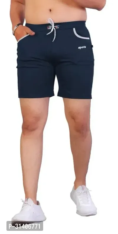 Stylish Navy Blue Cotton Blend Sports Shorts For Men-thumb0