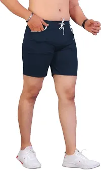 Stylish Navy Blue Cotton Blend Sports Shorts For Men-thumb1