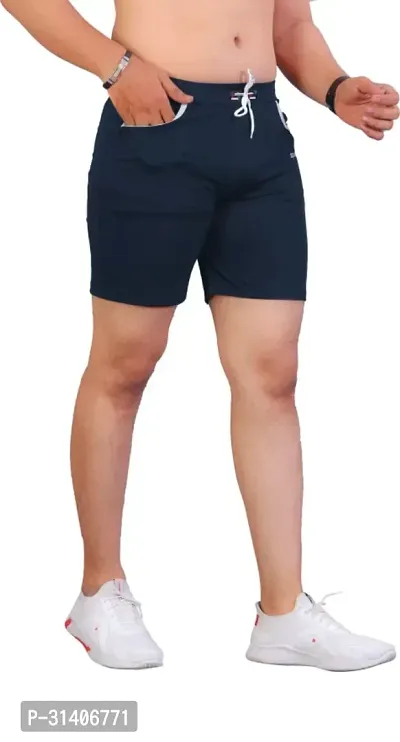 Stylish Navy Blue Cotton Blend Sports Shorts For Men-thumb2