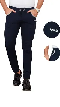 Elegant Navy Blue Cotton Blend Regular Track Pants For Men-thumb3