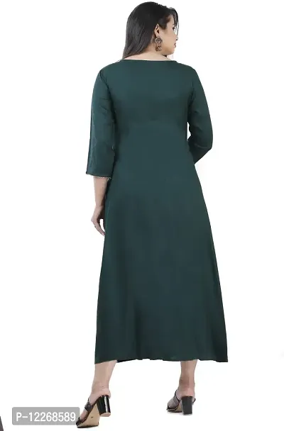 Elegant Rayon Bottle Green V Neck 3/4 Sleeves Embroidered Kurta For Women-thumb2