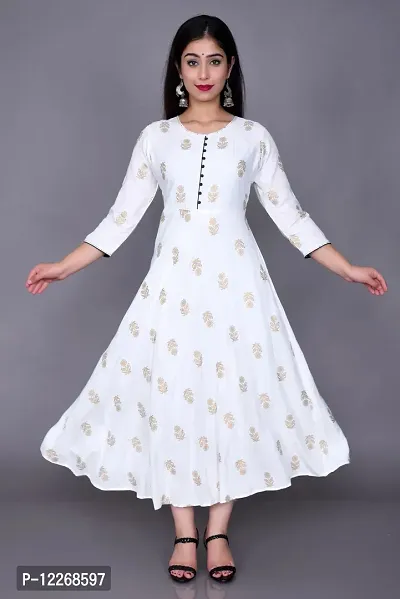 Elegant Rayon White Round Neck 3/4 Sleeves Golden Print Kurta For Women-thumb0