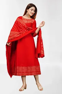 Elegant Rayon Red Boat Neck 3/4 Sleeves Golden Print Kurta And Dupatta Set For Women-thumb2