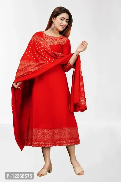 Elegant Rayon Red Boat Neck 3/4 Sleeves Golden Print Kurta And Dupatta Set For Women-thumb3