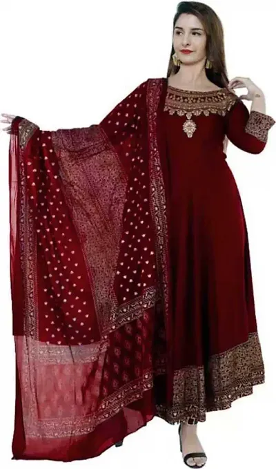 Gaonwali Clothings Women's Rayon 3/4 Sleevs Golden Print Round Neck Kurta with Dupatta Calf Length | FKD-GC-2020