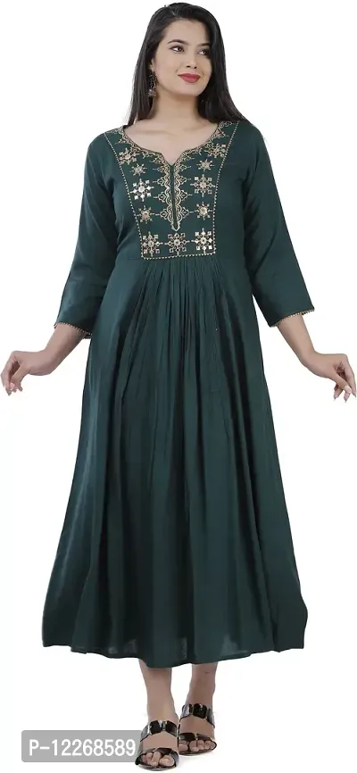 Elegant Rayon Bottle Green V Neck 3/4 Sleeves Embroidered Kurta For Women-thumb0