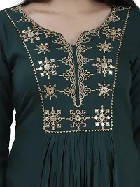 Elegant Rayon Bottle Green V Neck 3/4 Sleeves Embroidered Kurta For Women-thumb3