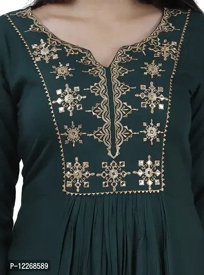 Elegant Rayon Bottle Green V Neck 3/4 Sleeves Embroidered Kurta For Women-thumb4