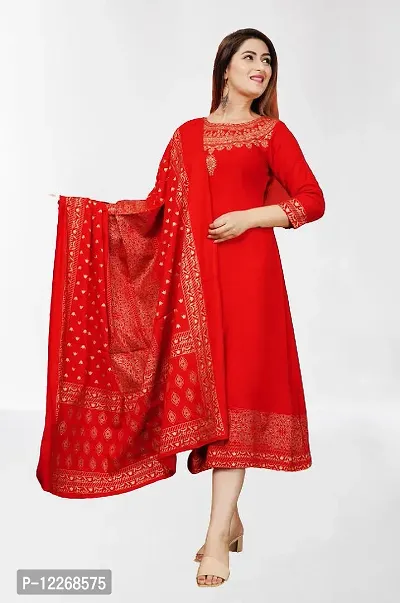 Elegant Rayon Red Boat Neck 3/4 Sleeves Golden Print Kurta And Dupatta Set For Women-thumb0