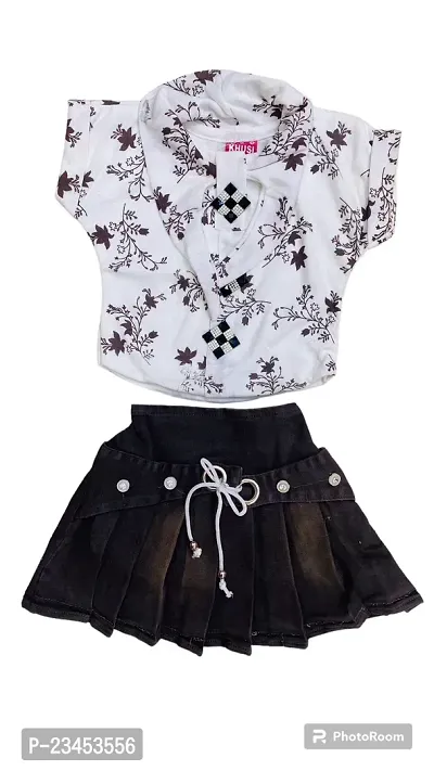Pretty White Cotton Printed Top With Skirt Set For Girls