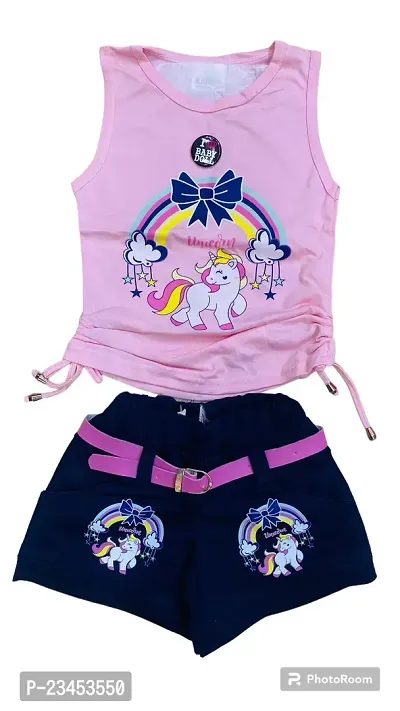 Pretty Pink Cotton Printed Top With Hot Pants Set For Girls-thumb0