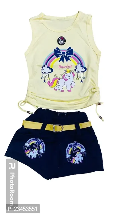 Pretty Yellow Cotton Printed Top With Hot Pants Set For Girls