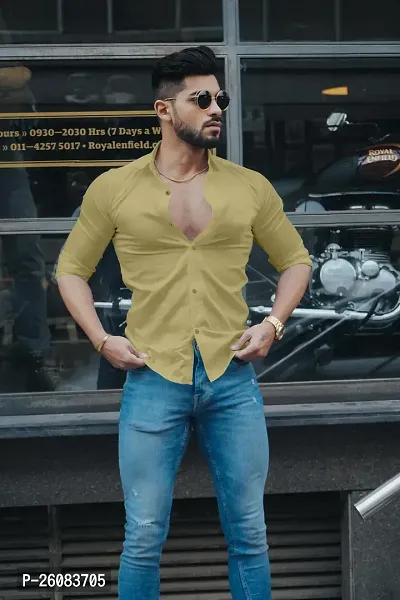 Stylish Khaki Cotton Long Sleeves Solid Shirt For Men-thumb5