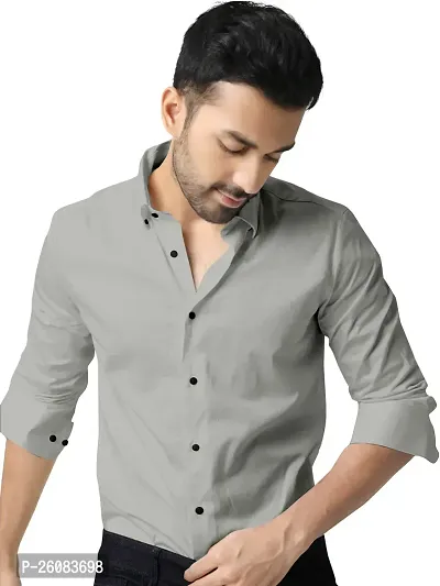 Stylish Grey Cotton Long Sleeves Solid Shirt For Men-thumb0