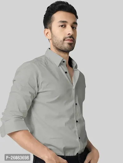 Stylish Grey Cotton Long Sleeves Solid Shirt For Men-thumb2