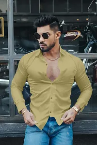 Stylish Khaki Cotton Long Sleeves Solid Shirt For Men-thumb1