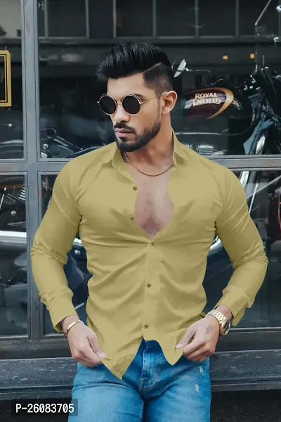 Stylish Khaki Cotton Long Sleeves Solid Shirt For Men-thumb2
