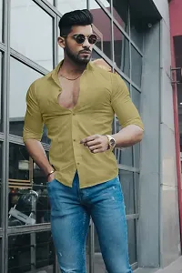 Stylish Khaki Cotton Long Sleeves Solid Shirt For Men-thumb3