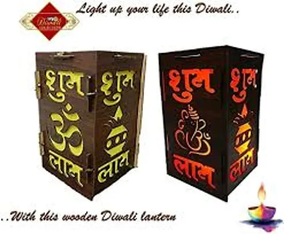 Wooden Handmade Diwali Kandil with Diwali Cut out Symbols Lamp Pack of 2