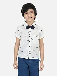 Aww Hunnie Boy's Pure Cotton Casual Moustache Print Half Sleeves Shirt With Ditachable Bow and Shorts Set - White/Blue-thumb3