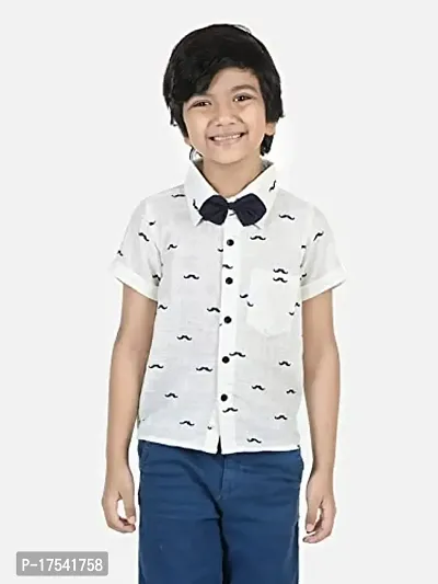 Aww Hunnie Boy's Pure Cotton Casual Moustache Print Half Sleeves Shirt With Ditachable Bow and Shorts Set - White/Blue-thumb4