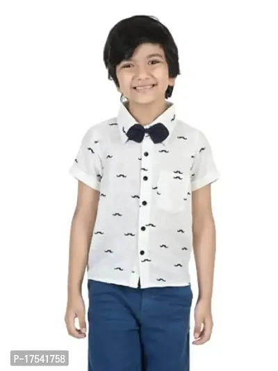 Aww Hunnie Boy's Pure Cotton Casual Moustache Print Half Sleeves Shirt With Ditachable Bow and Shorts Set - White/Blue