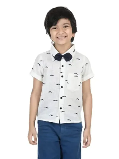 Aww Hunnie Boy's Pure Casual Moustache Print Half Sleeves Shirt With Ditachable Bow and Shorts Set - White/Blue