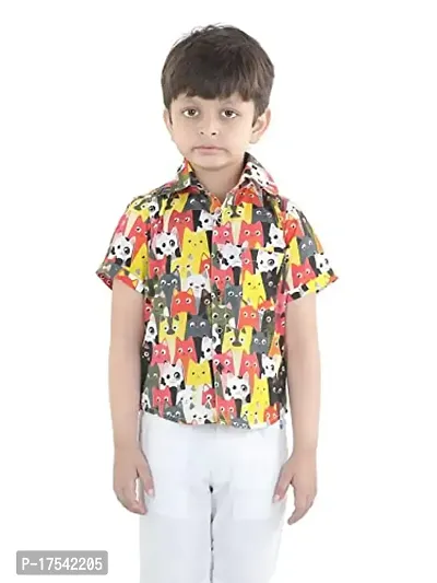 Aww Hunnie Boy's 100% Pure Cotton Casual Printed Half Sleeve Shirt With Cat Print Design and Collared Neck - Multi