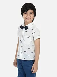 Aww Hunnie Boy's Pure Cotton Casual Moustache Print Half Sleeves Shirt With Ditachable Bow and Shorts Set - White/Blue-thumb4