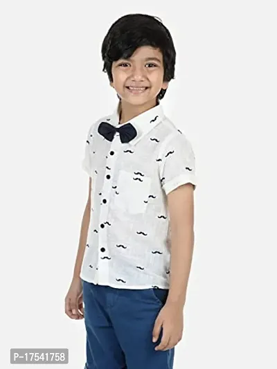 Aww Hunnie Boy's Pure Cotton Casual Moustache Print Half Sleeves Shirt With Ditachable Bow and Shorts Set - White/Blue-thumb5