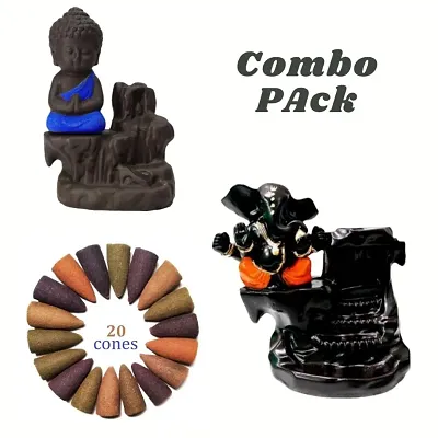 Combo Set of Shree Ganesh Ganesha Smoke Fountain || Smoke Backflow Fountain|| Incense Cone Burner||Gift Item|| Incense Cone Holder || Fog Fountain with Free 20 Scented Cones