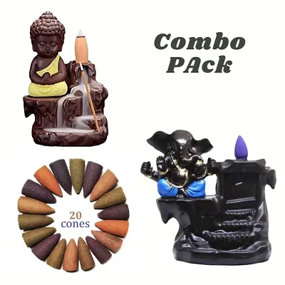 Combo Set of Shree Ganesh Ganesha Smoke Fountain || Smoke Backflow Fountain|| Incense Cone Burner||Gift Item|| Incense Cone Holder || Fog Fountain with Free 20 Scented Cones