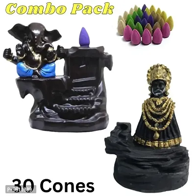 Khatushyam ji baba- Ganesha Combo, Smoke Fountain Backflow Waterfall Cone Incense Holder Showpiece Statue with 30 Back Flow Incense Cones-thumb0