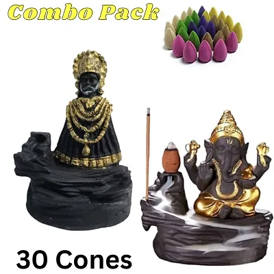 Khatushyam ji baba- Ganesha Combo, Smoke Fountain Backflow Waterfall Cone Incense Holder Showpiece Statue with 30 Back Flow Incense Cones