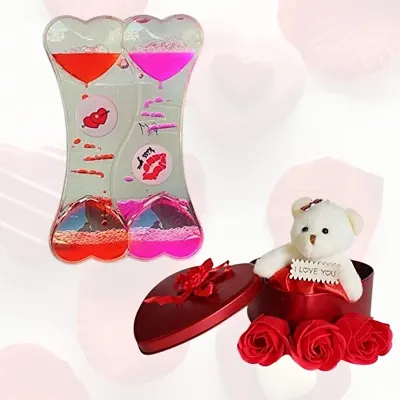 Valentines Day Combo Set of Hour love Meter and I love Your Message small Teddy Bear with 3 Golden Rose Best gifts for Girlfriend | Boyfriend | Husband | Wife