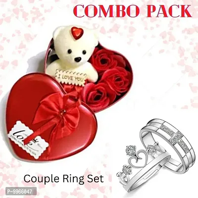 Valentines Day Combo Set of Adjustable Couple Ring Set and I love Your Message small Teddy Bear with 3 Golden Rose Best gifts for Girlfriend | Boyfriend | Husband | Wife-thumb0