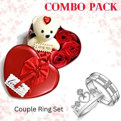 Valentines Day Combo Set of Adjustable Couple Ring Set and I love Your Message small Teddy Bear with 3 Golden Rose Best gifts for Girlfriend | Boyfriend | Husband | Wife