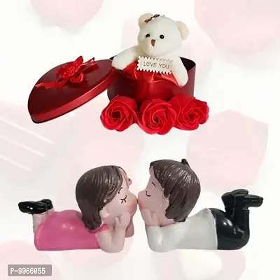 Combo Pack Of Valentines Day Red Heart Box with small teddy and 3 red rose and Magnet Cute Small Love Couple for Girlfrien|husband|Wife-thumb0