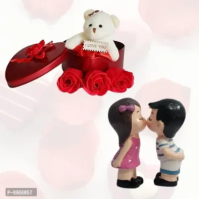 Combo Pack Of Valentines Day Red Heart Box with small teddy and 3 red rose and Magnet Cute Small Love Couple for Girlfrien|husband|Wife-thumb0